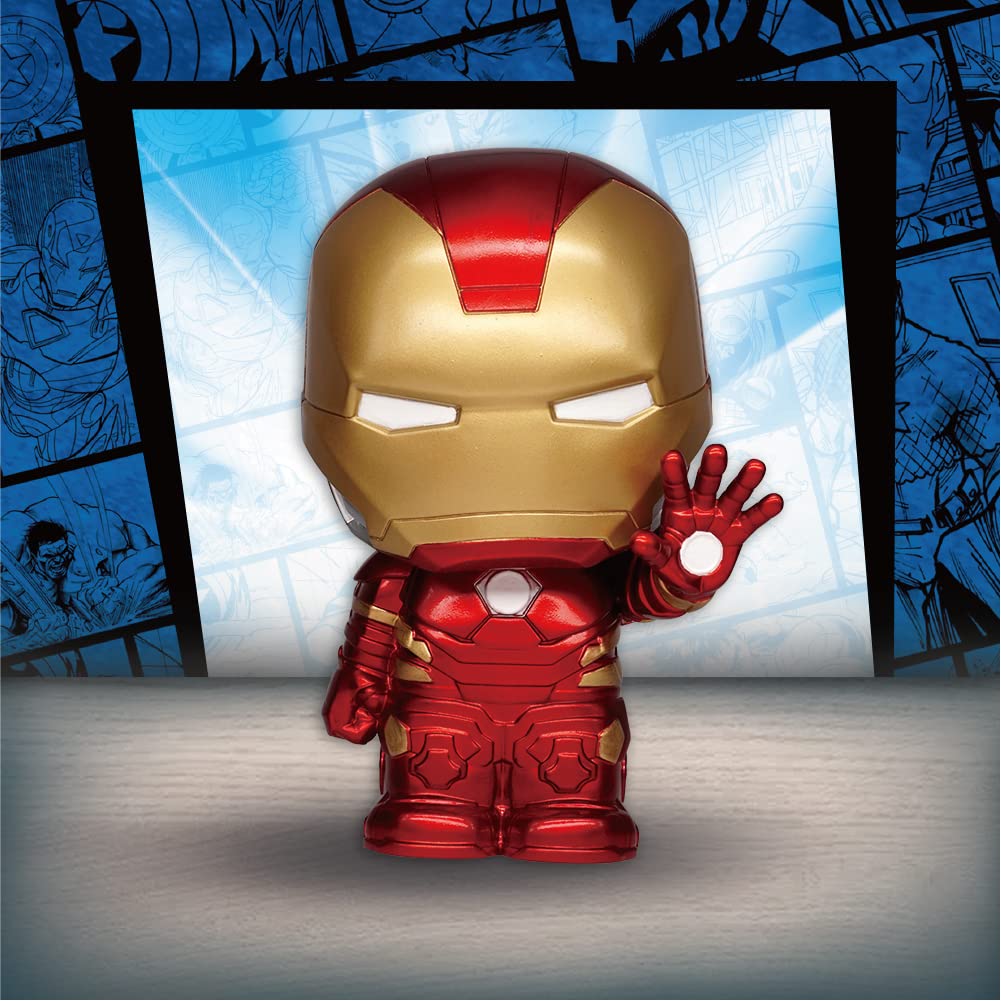 Monogram Iron Man figural bank displayed on a shelf.