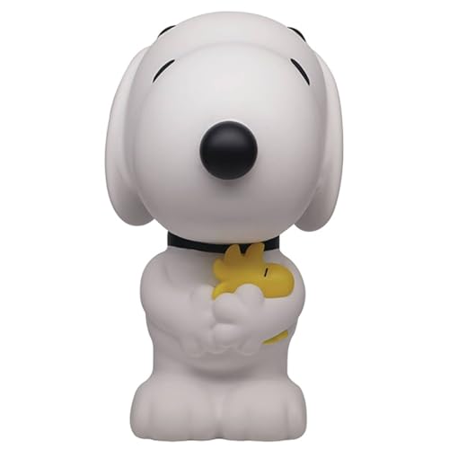 Monogram Snoopy figure bank side angle showing PVC texture and charm.