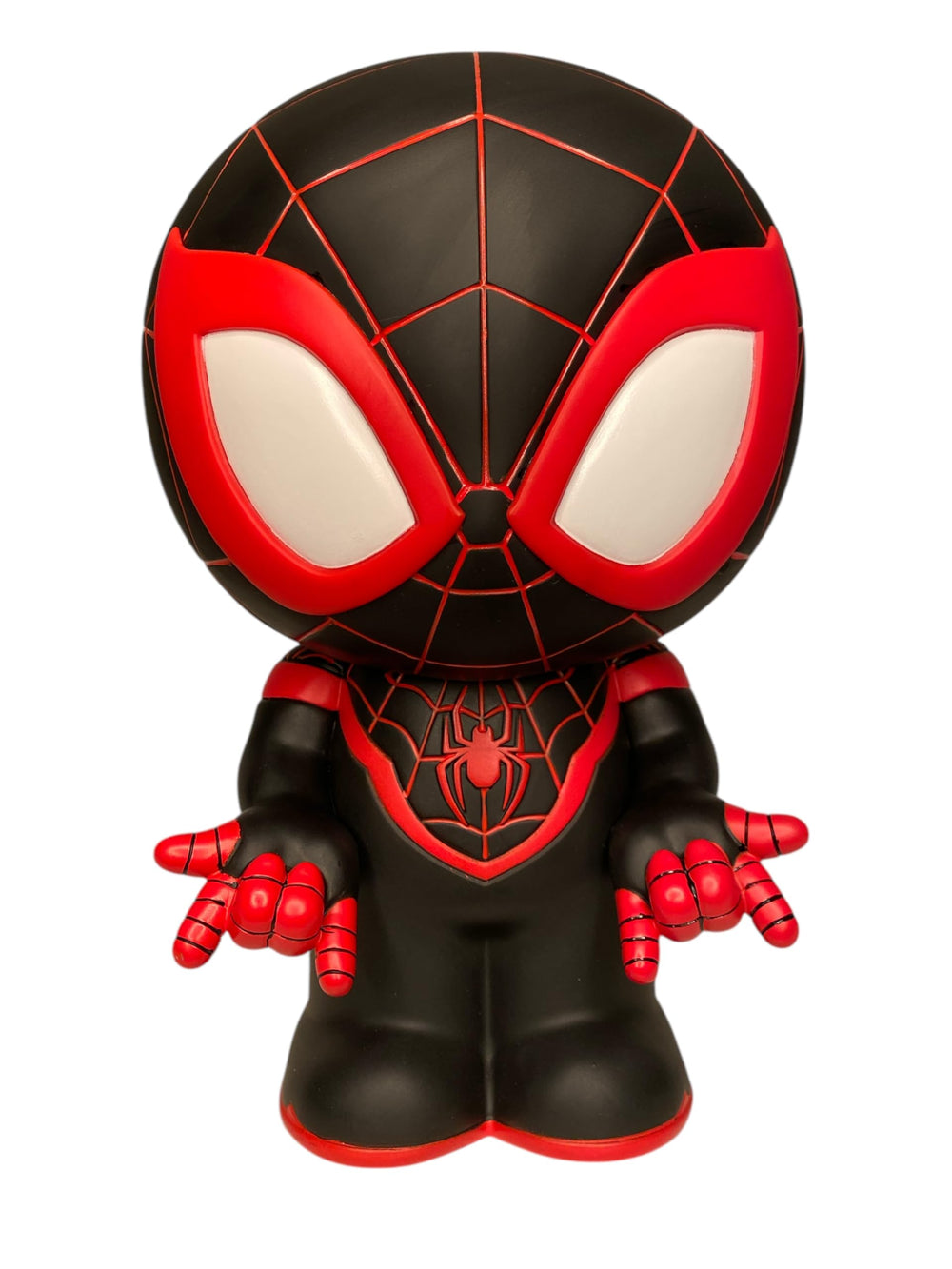 Monogram Spider-Man Miles Morales coin bank front view shows durable PVC construction