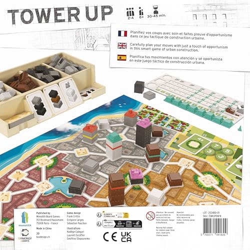 Monolith Tower Up color-neighborhoods illustrates the rule preventing adjacent buildings of the same color.