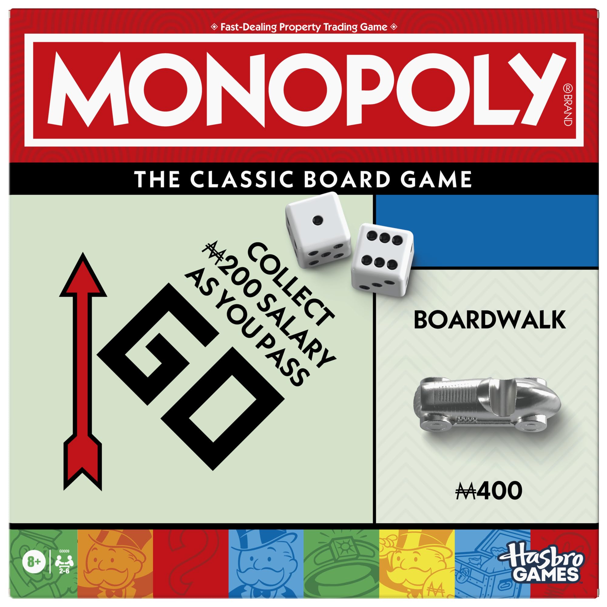 Monopoly board game with storage tray keeps cash and cards organized during play.