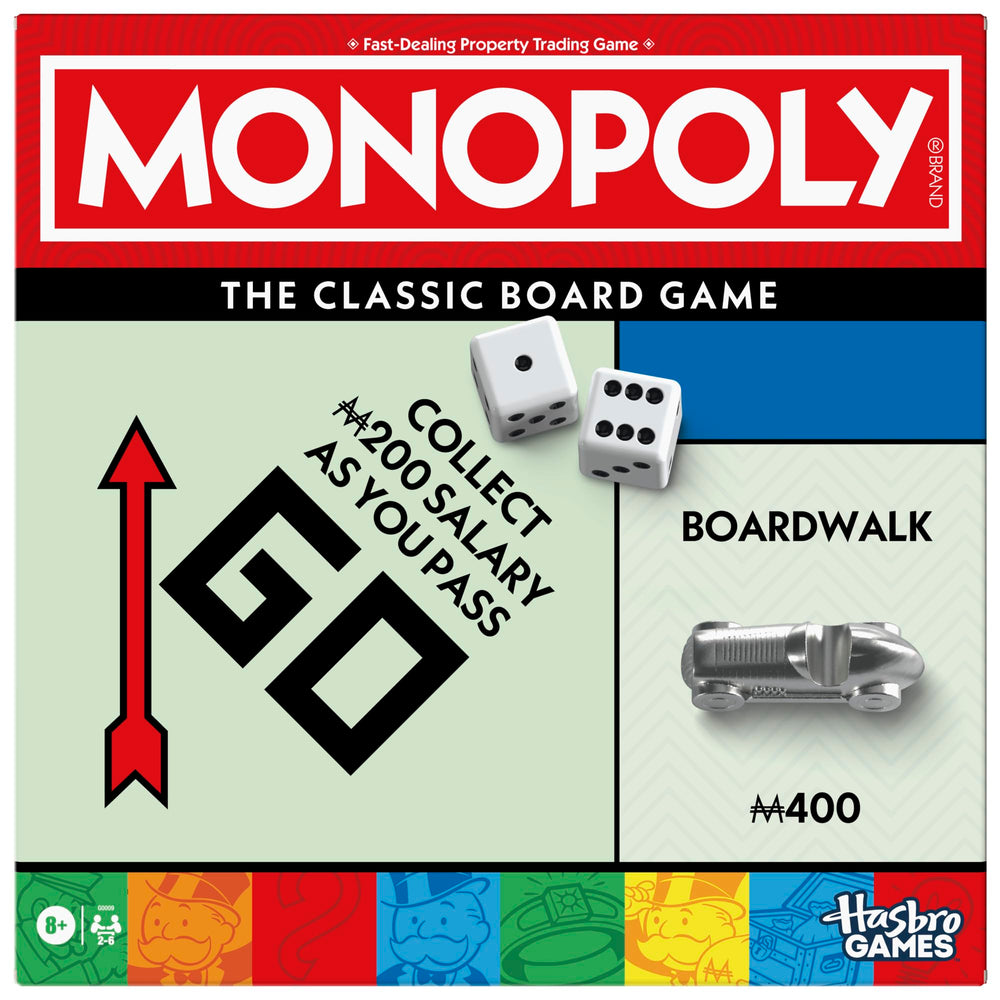 Monopoly board game with storage tray keeps cash and cards organized during play.
