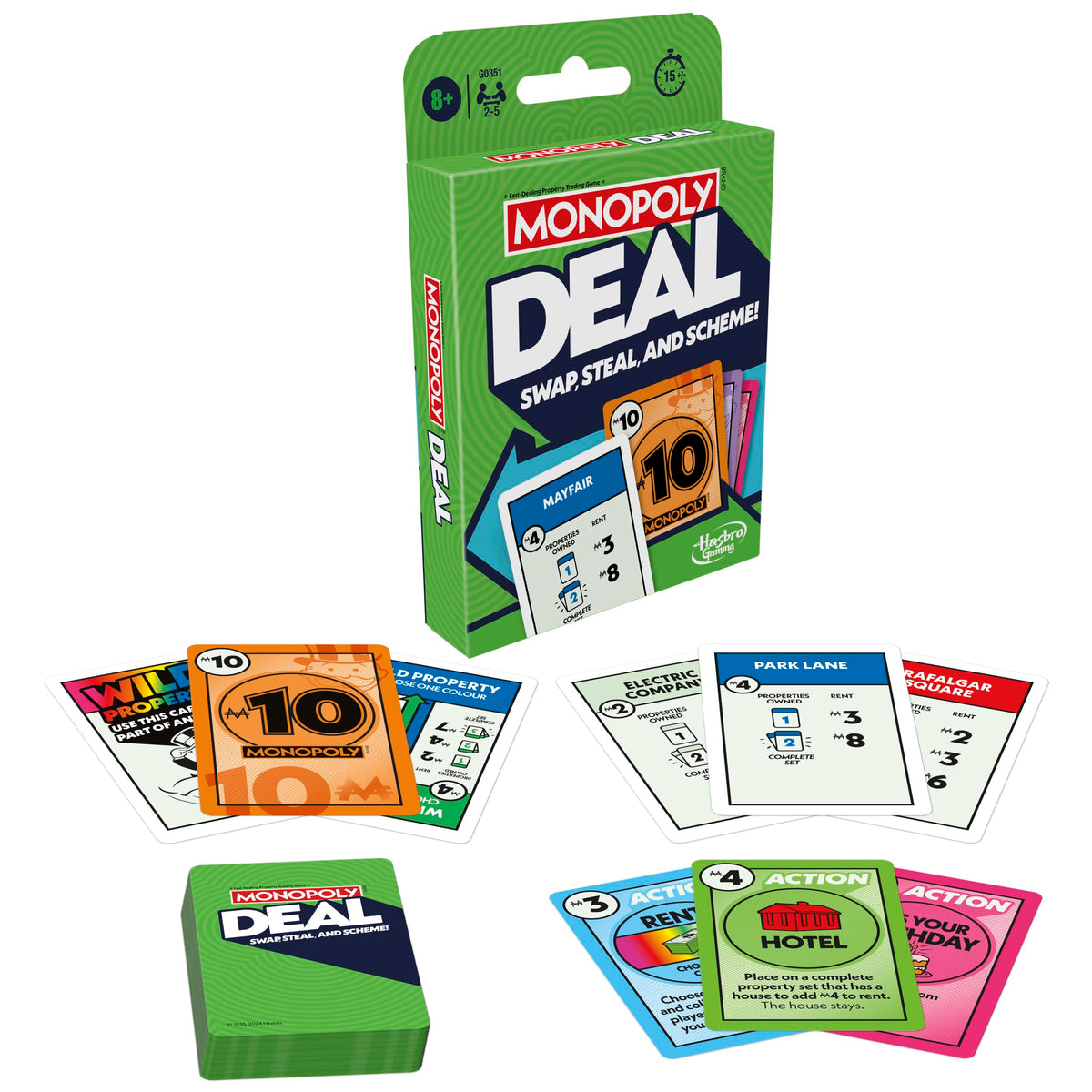 Monopoly Deal card game box front for quick family fun