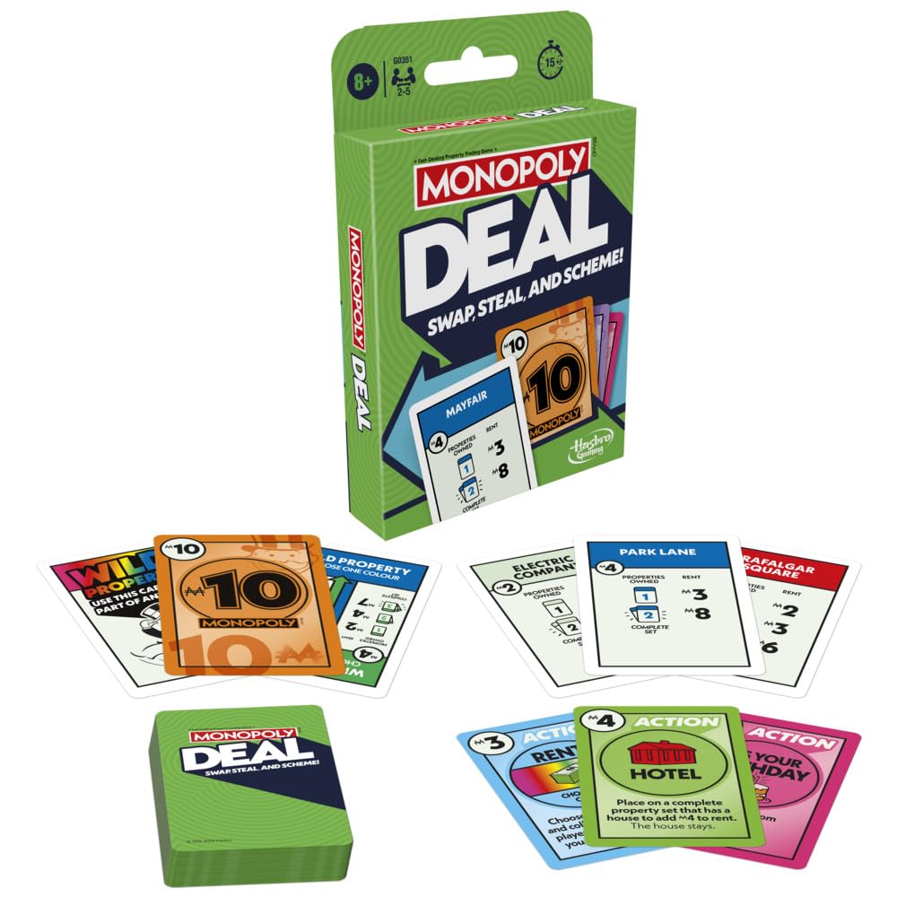 Monopoly Deal card game deck with 110 cards for fast rounds
