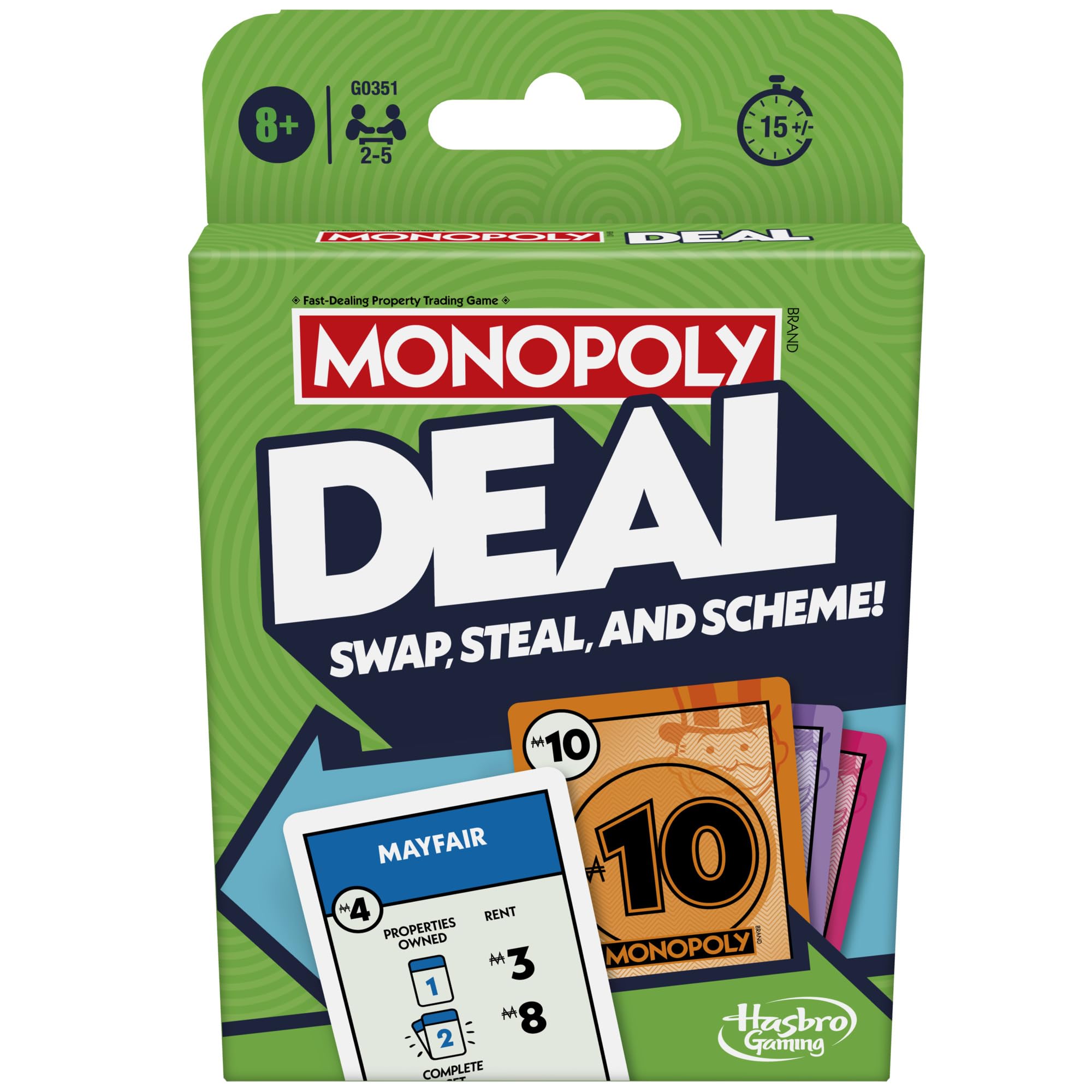 Monopoly Deal card game pack opening highlights quick family setup.