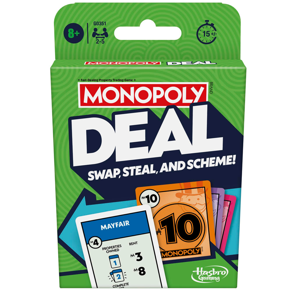 Monopoly Deal card game pack opening highlights quick family setup.