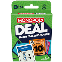 Monopoly Deal card game pack opening highlights quick family setup.