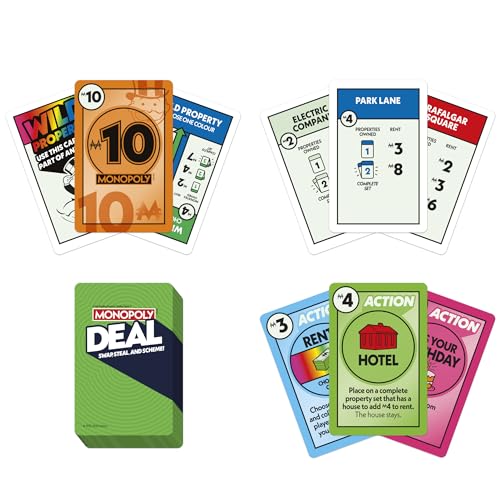 Monopoly Deal card game property cards display colorful groups for planning.