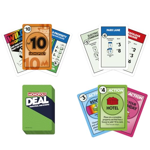 Monopoly Deal property cards show color coded sets for swift strategy