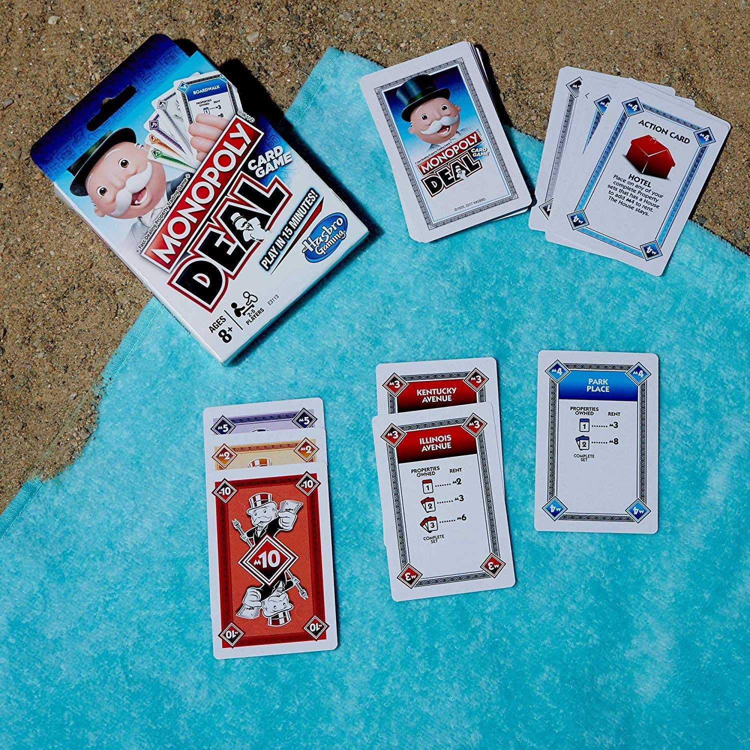 Monopoly Deal property cards and houses illustrating strategy
