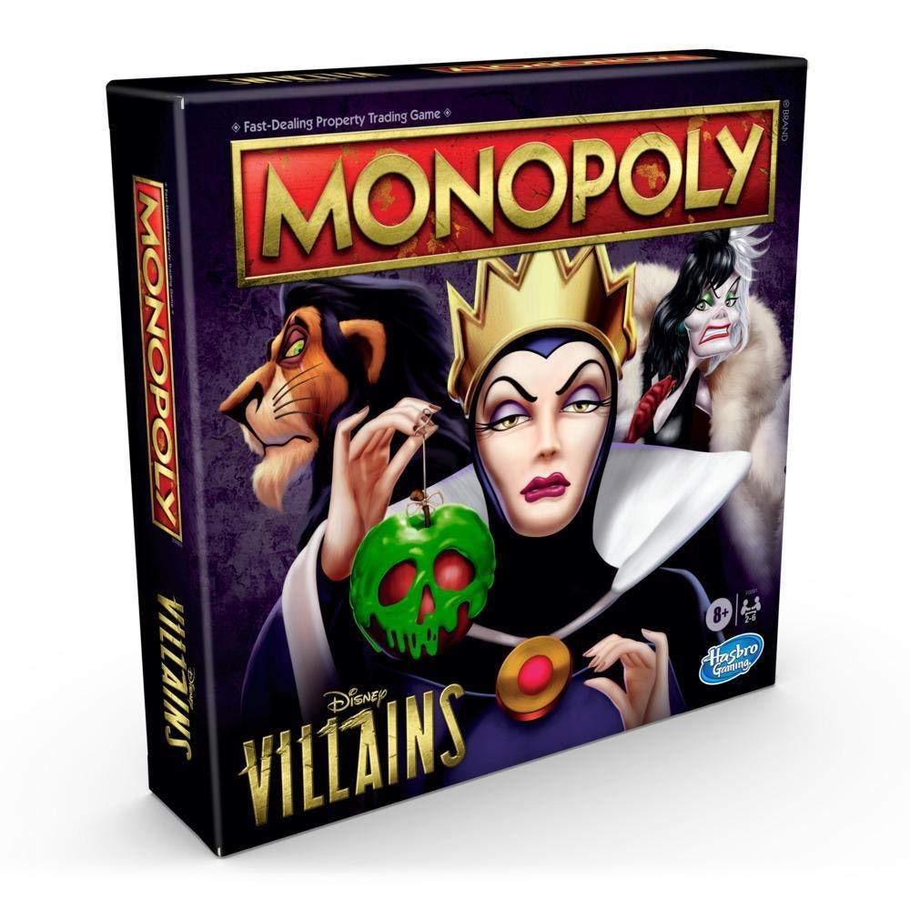 Monopoly Disney Villains Edition board game box with villain tokens and Power cards