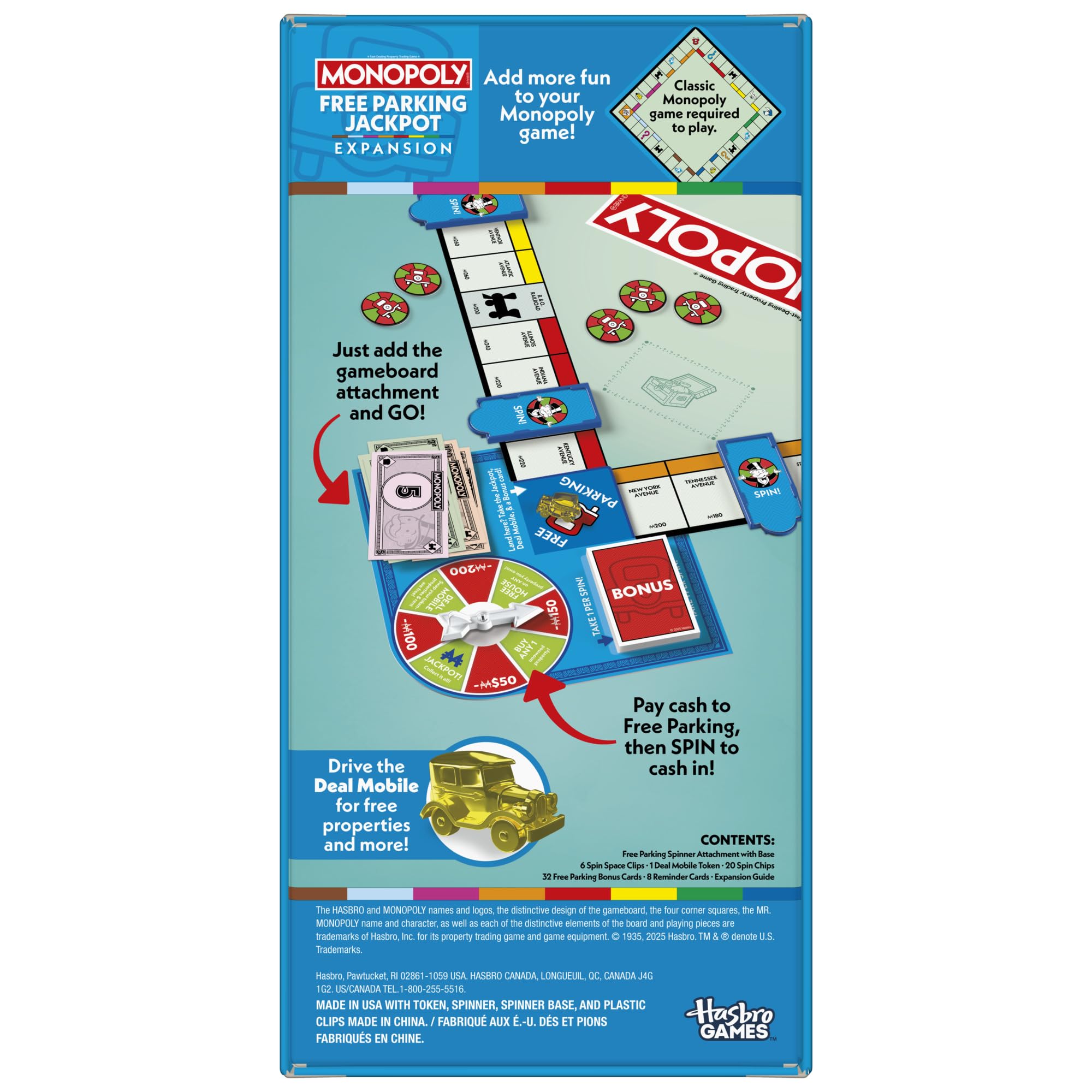 Monopoly Free Parking Jackpot Expansion contents laid out for quick setup.