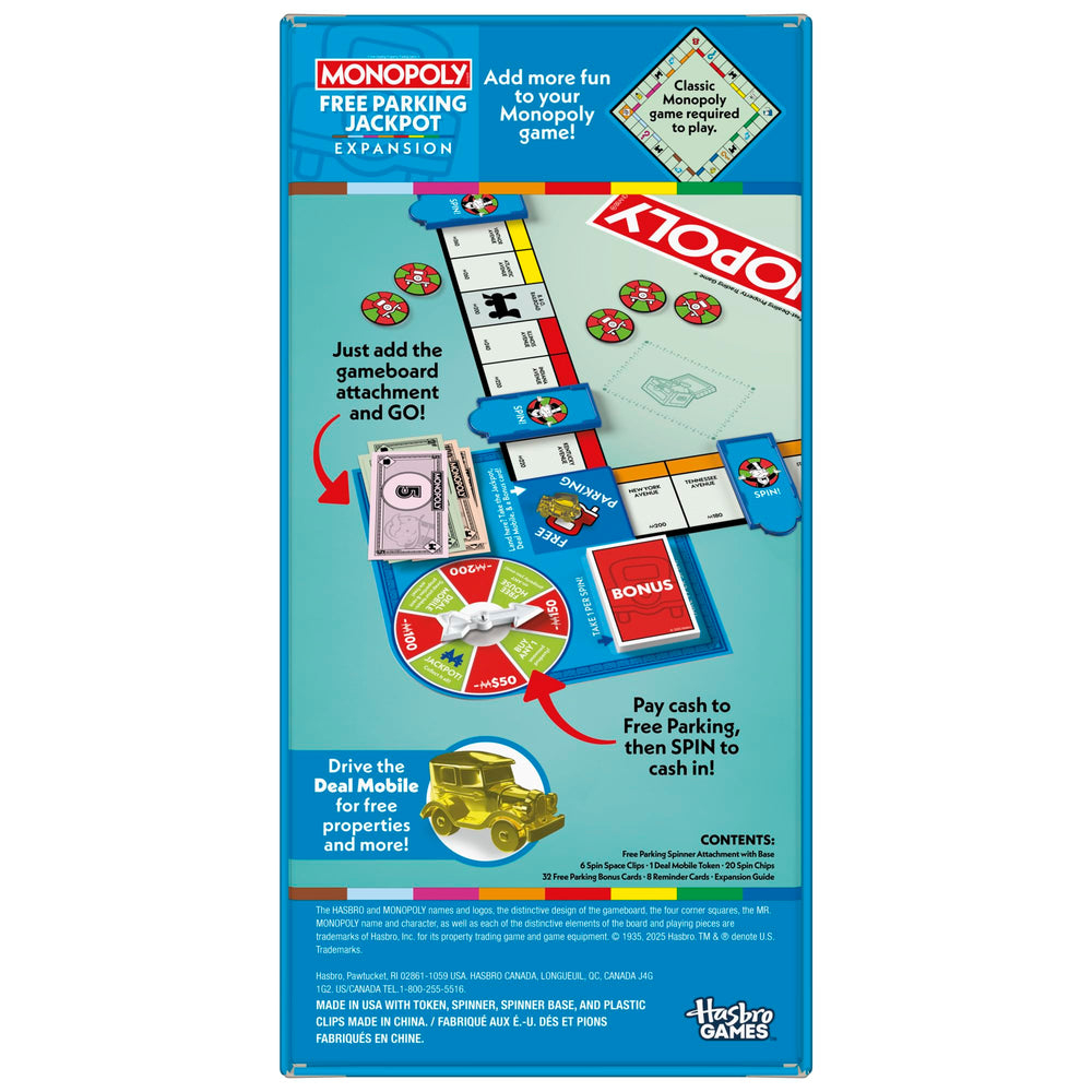 Monopoly Free Parking Jackpot Expansion contents laid out for quick setup.