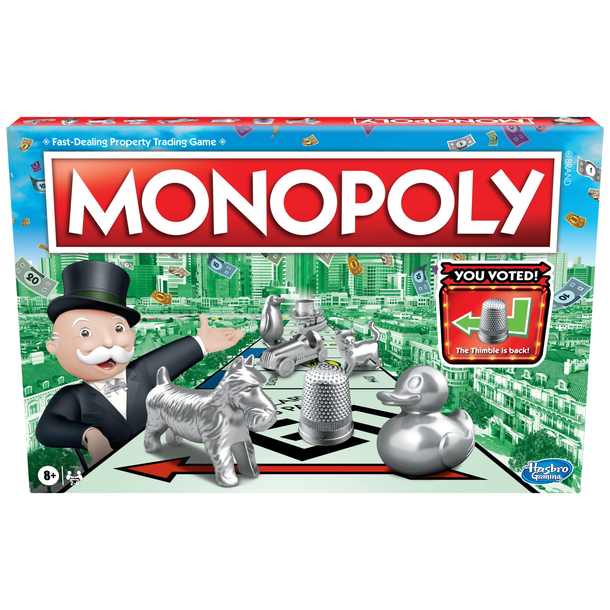 Monopoly game box front displays branding for family game night