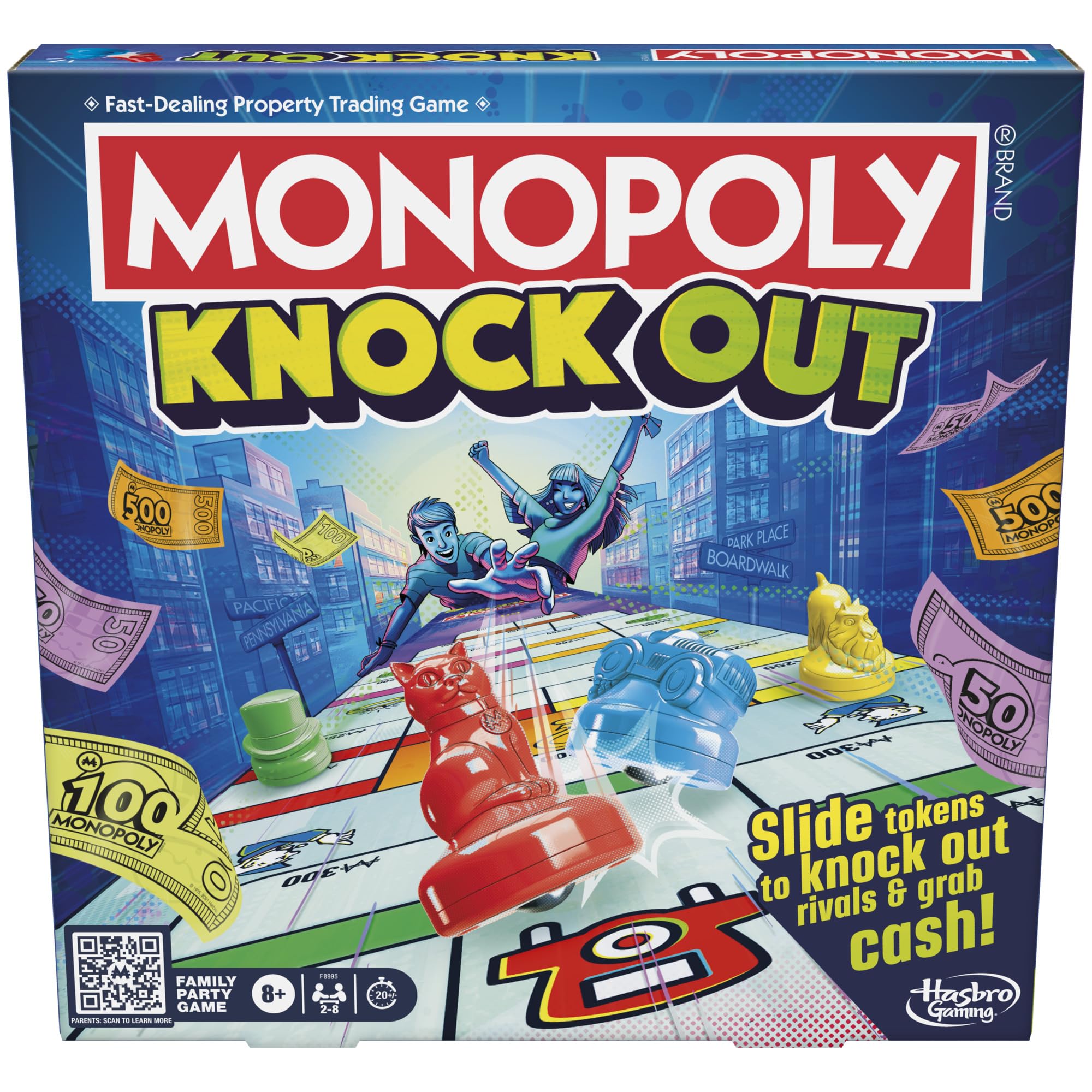 Monopoly Knockout board game long gameboard invites fast-paced family play