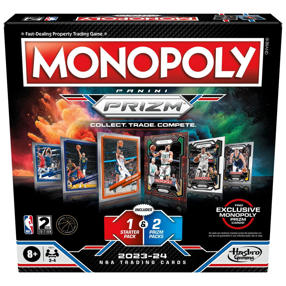 Monopoly Prizm NBA 2nd Edition box shows game components ready for family play