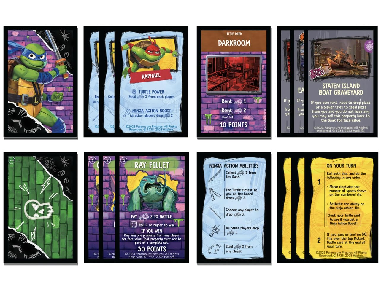 Monopoly TMNT Mutant Mayhem title deeds showcase movie locations to own and develop.
