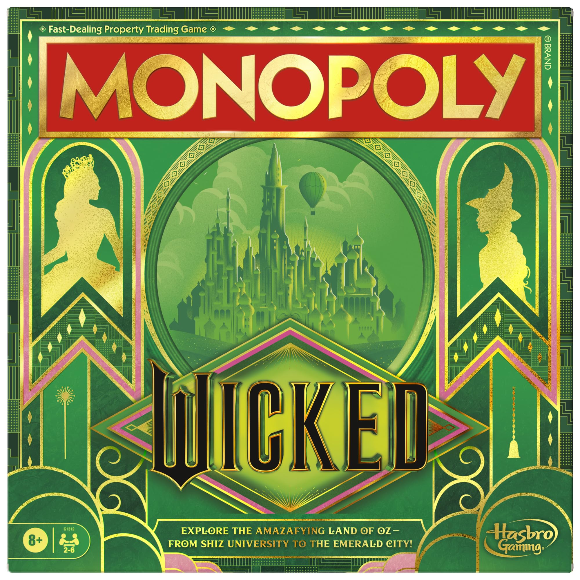 Monopoly Wicked Edition board game cover shows Oz-inspired art for family nights.