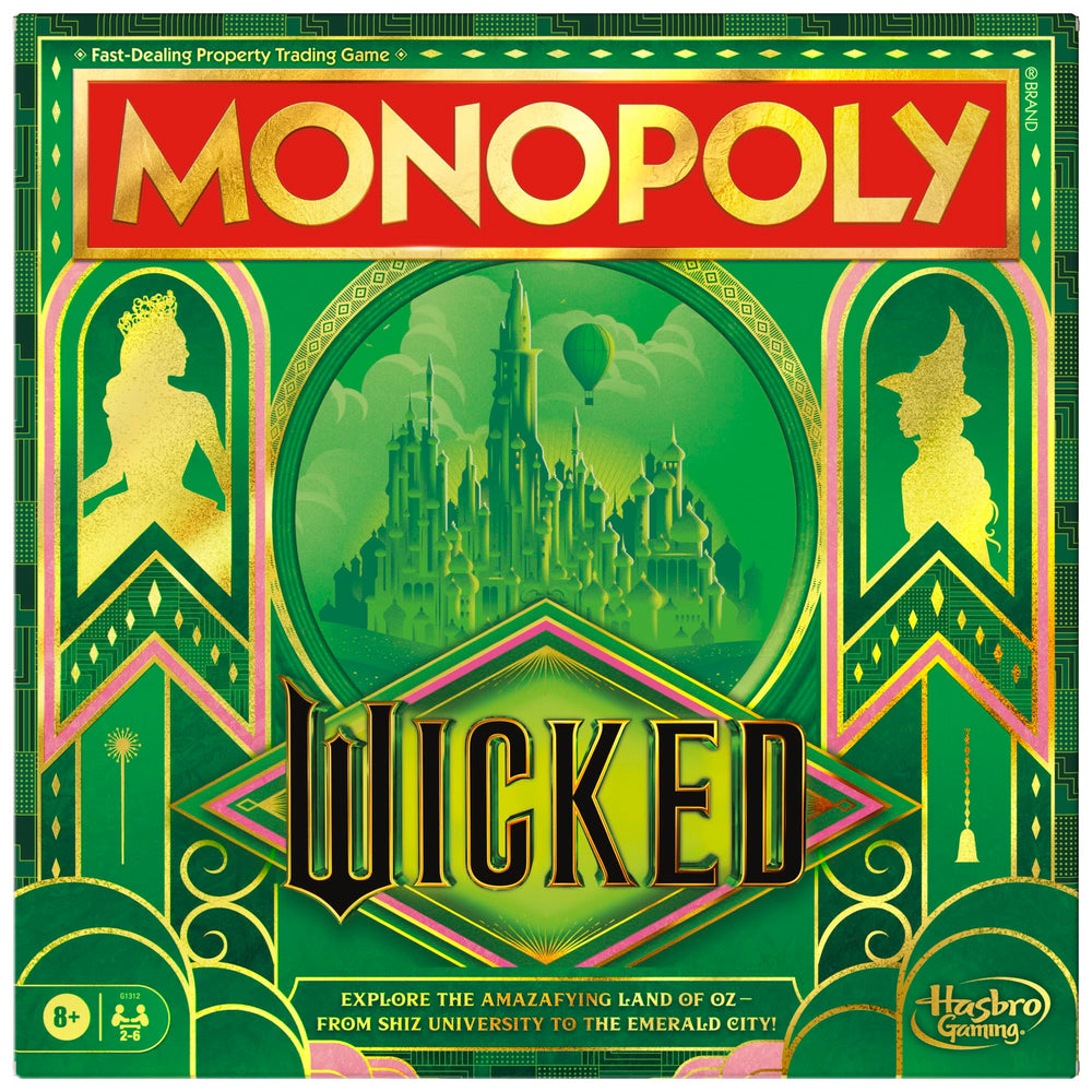 Monopoly Wicked Edition board game cover shows Oz-inspired art for family nights.