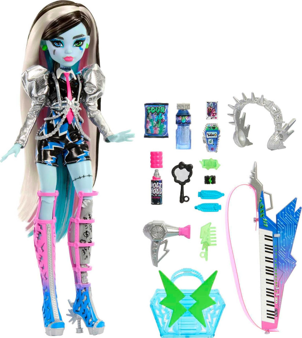 Monster High Amped Up Frankie Stein on stage, ready for a creeptastic rock performance.