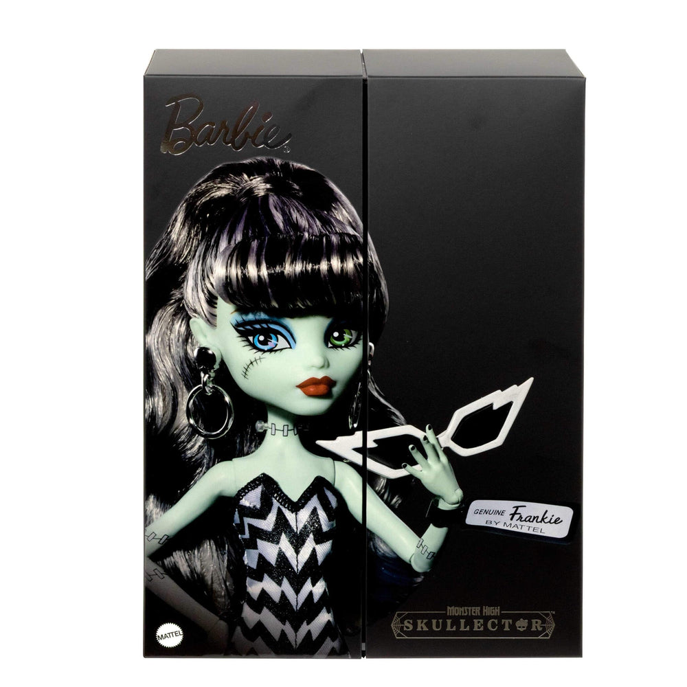 Monster High Frankie Stein doll stand and collectible packaging for secure display.