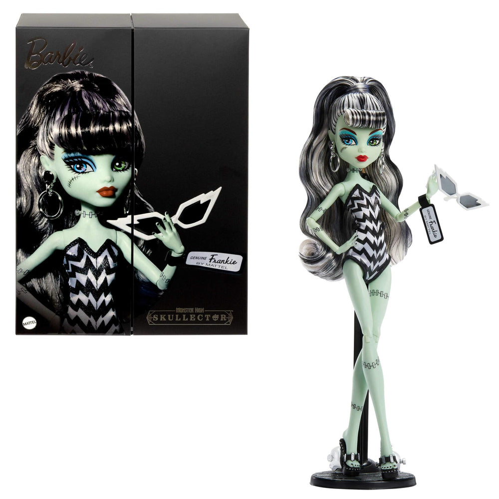 Monster High Frankie Stein doll in striped swimsuit for imaginative beach play.