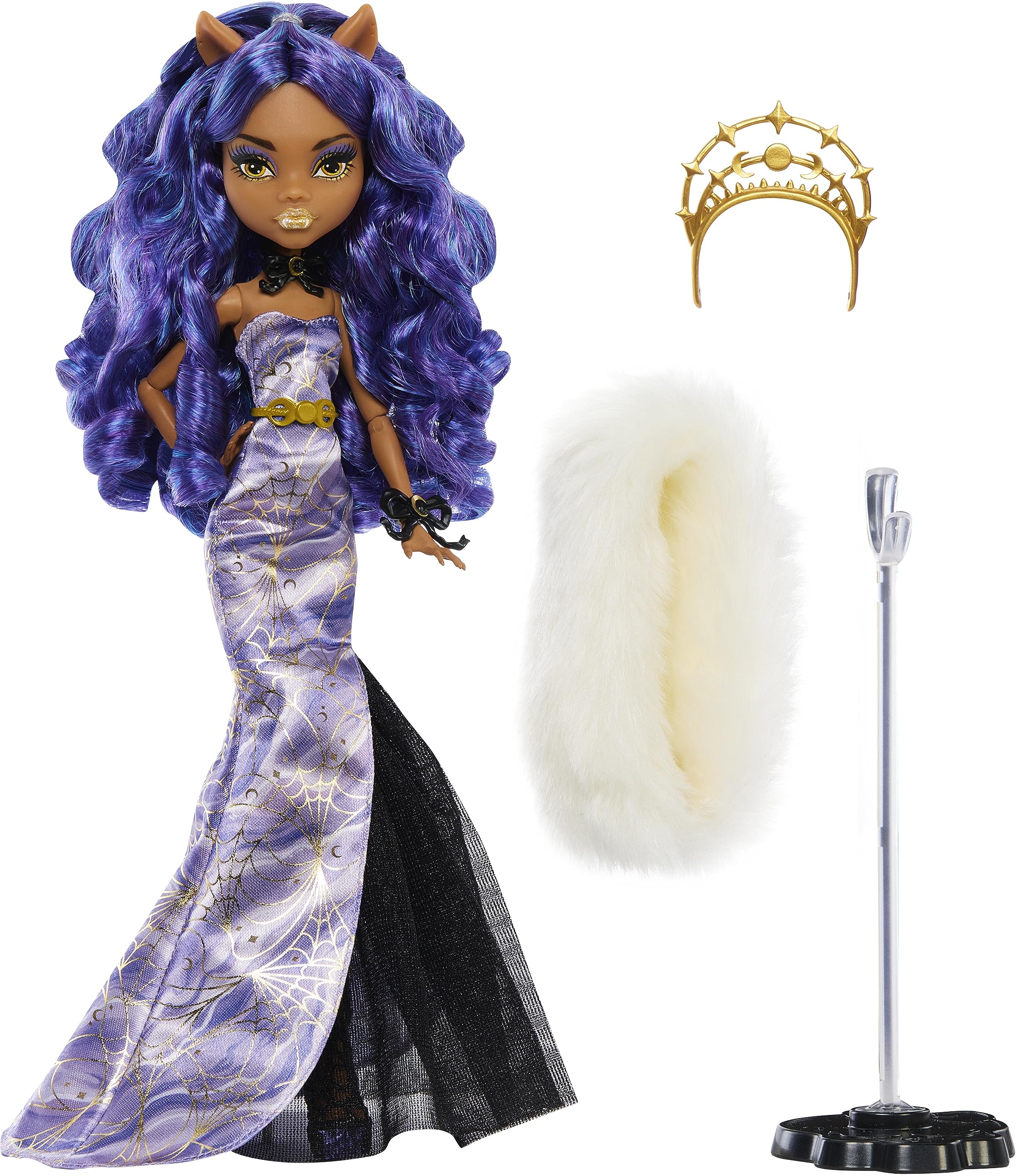 Monster High Clawdeen Wolf poseable figure with display stand for posing.