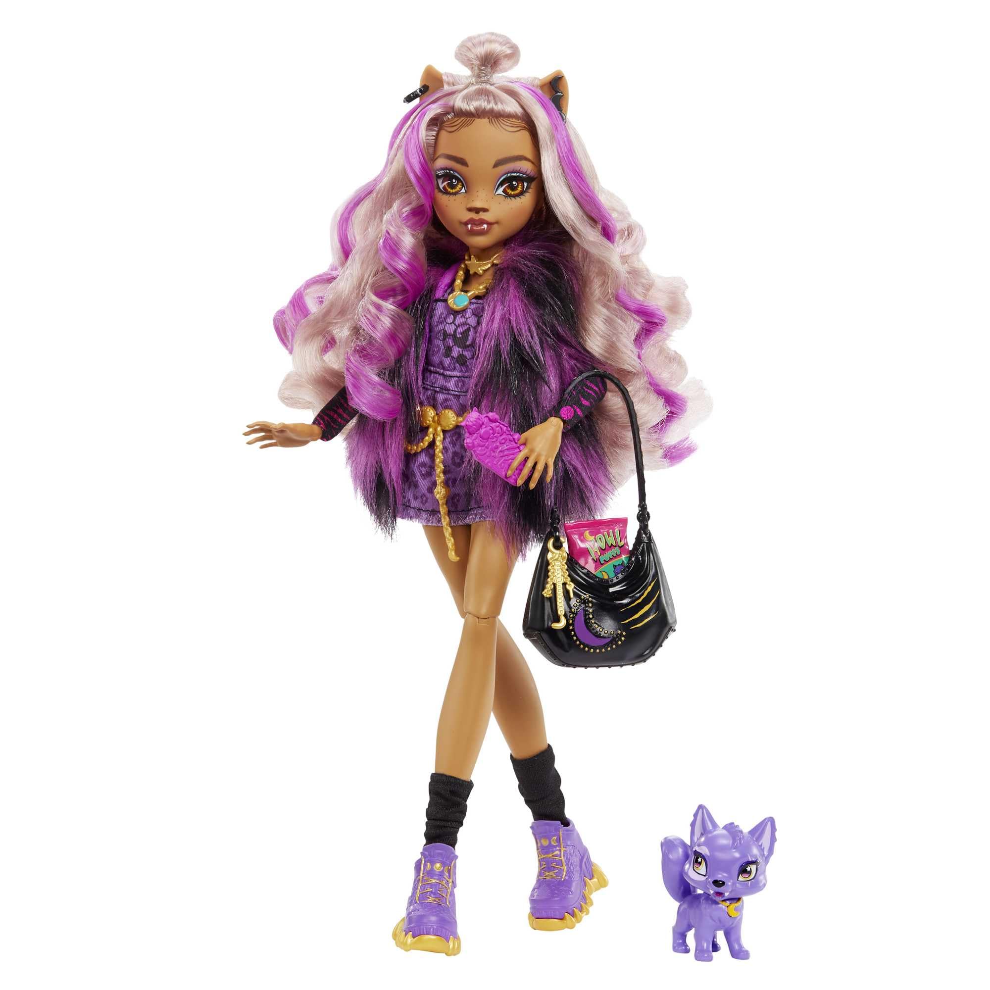 Monster High Clawdeen Wolf with purple-streak hair showcases signature look for imaginative play.