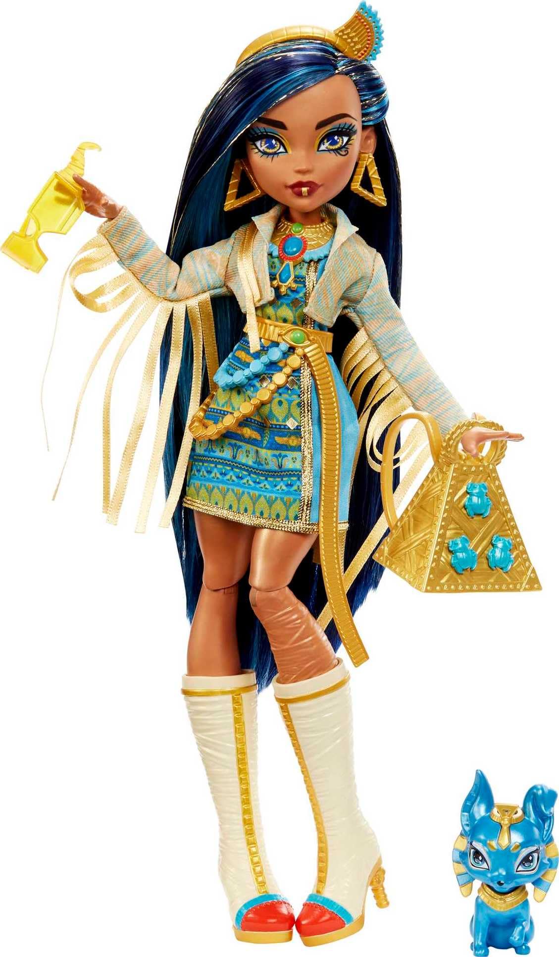 Monster High Cleo De Nile with blue-streak hair showcases bold royal style for imaginative play.