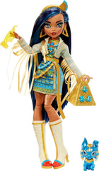 Monster High Cleo De Nile with blue-streak hair showcases bold royal style for imaginative play.