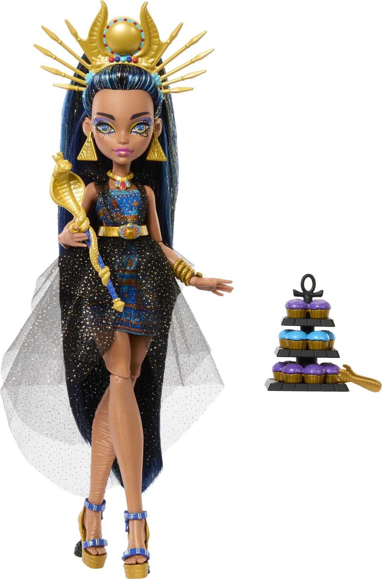 Monster High Cleo De Nile's snake-inspired bracelet and pyramid earrings complete the royal look.