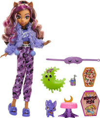 Monster High Creepover Party Clawdeen Wolf with furry eye mask and slippers.
