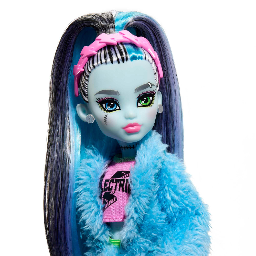 Monster High Creepover Frankie blue-tinged ponytail and green boots enhance dramatic fashion moments.