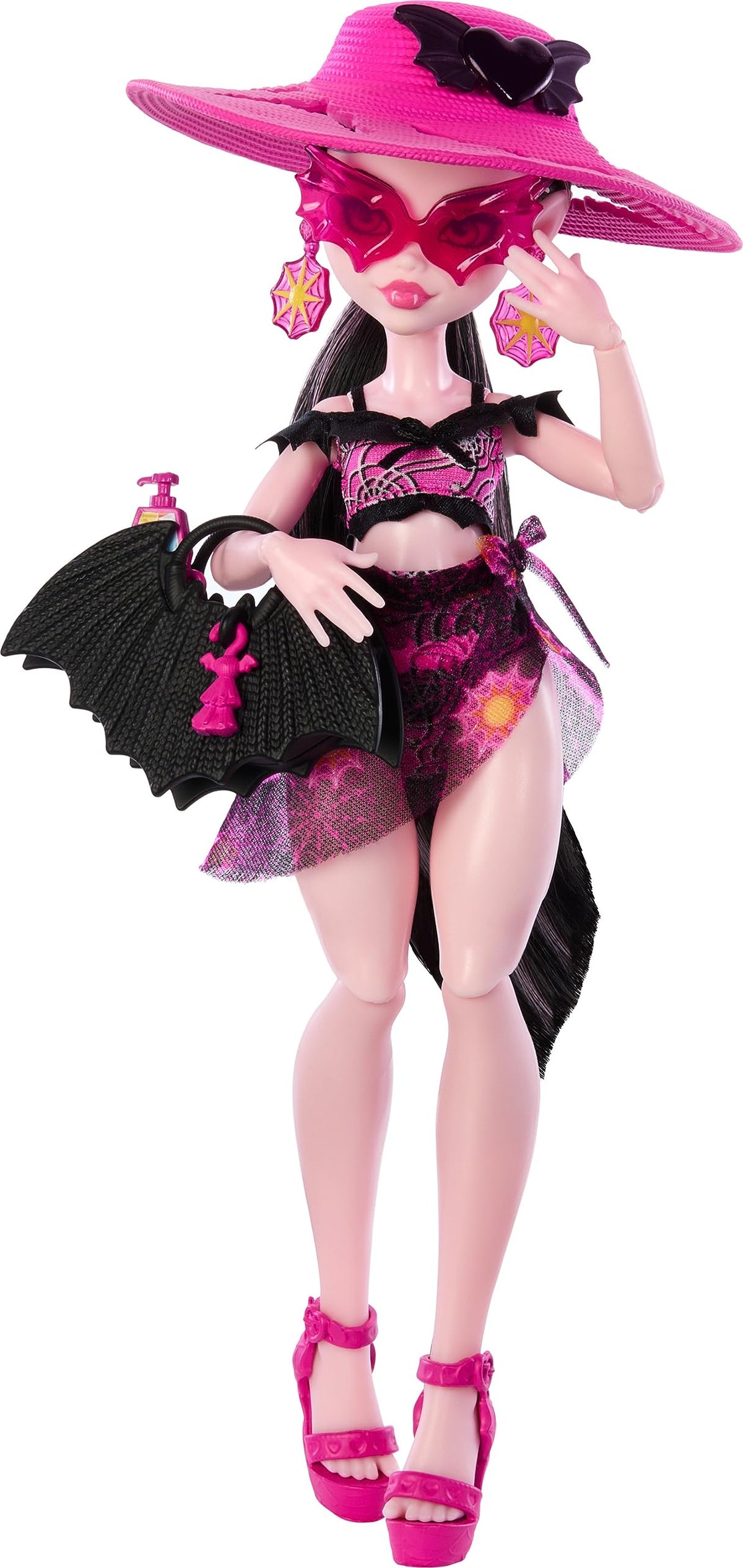 Monster High Draculaura wearing bikini and sarong on Scare-adise Island for stylish beach-ready play.