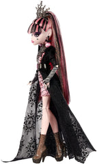Monster High Draculaura doll with pink-streaked updo and crown for spooky-chic look.