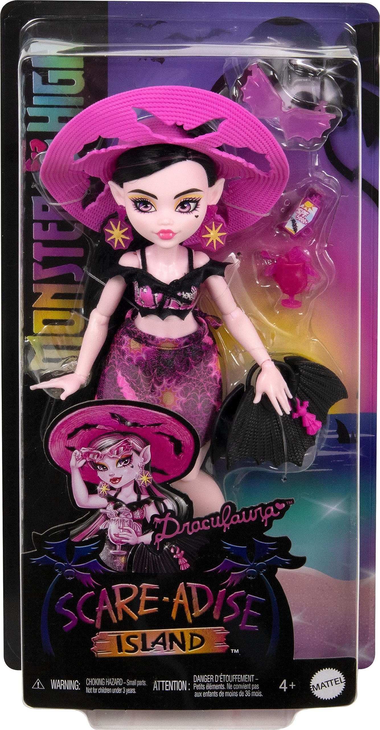 Monster High Draculaura spiderweb earrings complete a playful beach look.