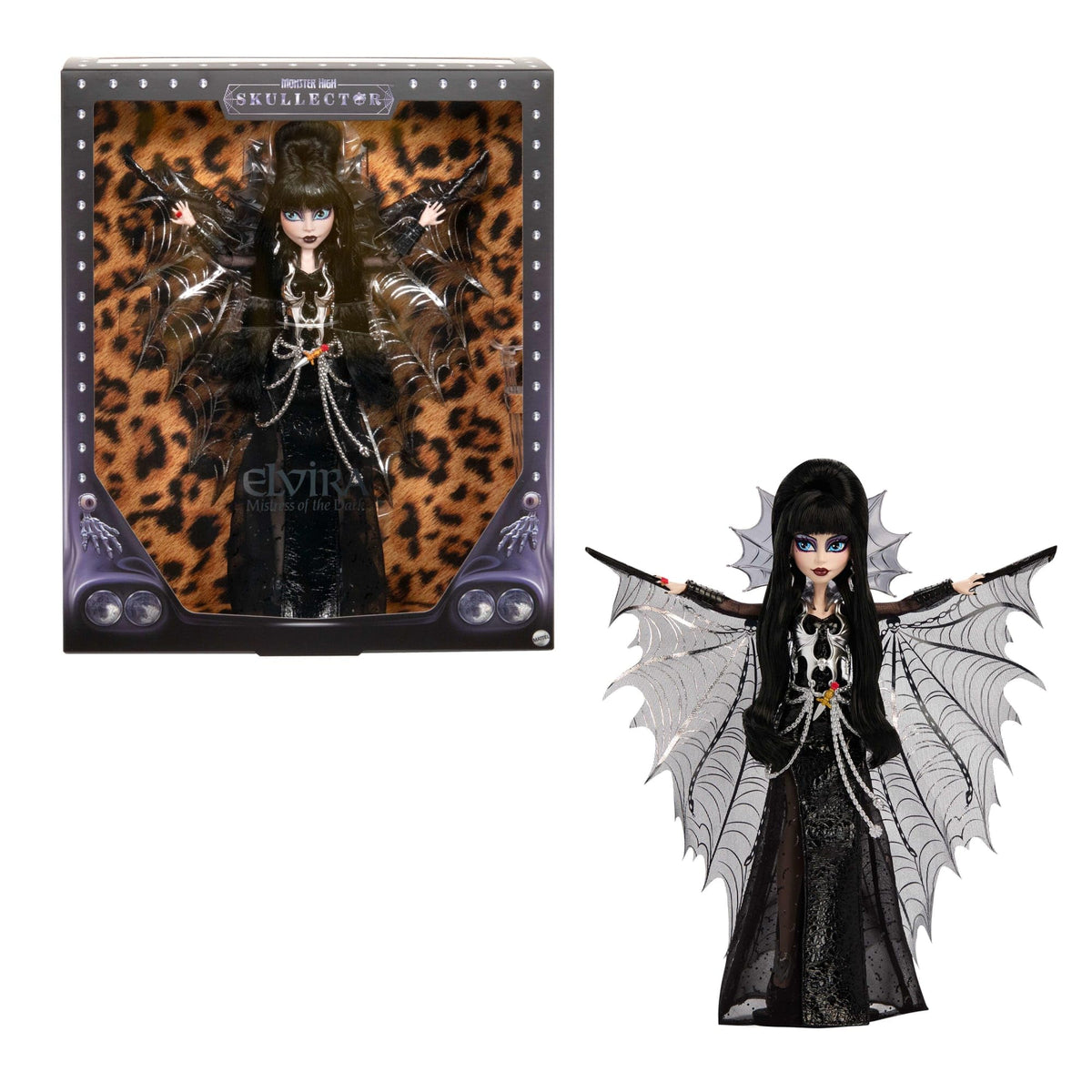Monster High Elvira doll batwing cape enhances dramatic display and collectibility.