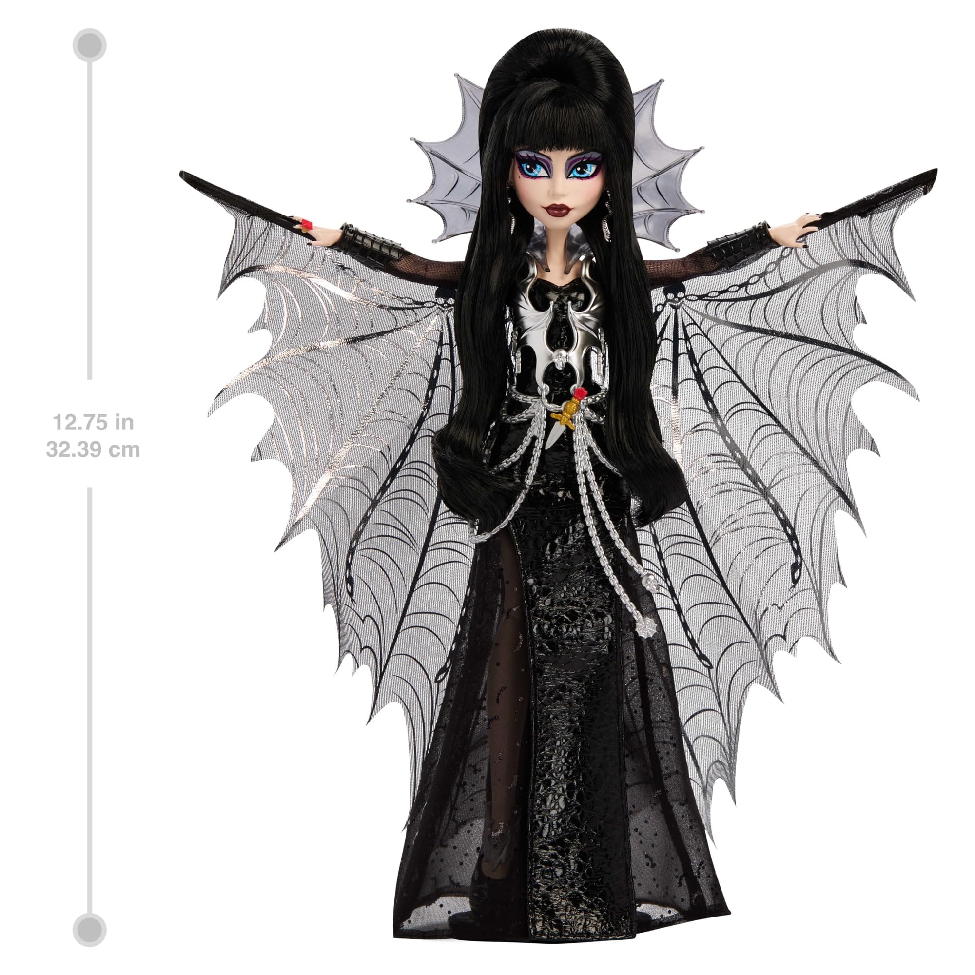 Monster High Elvira packaging-inspired design enhances unboxing and display theme.