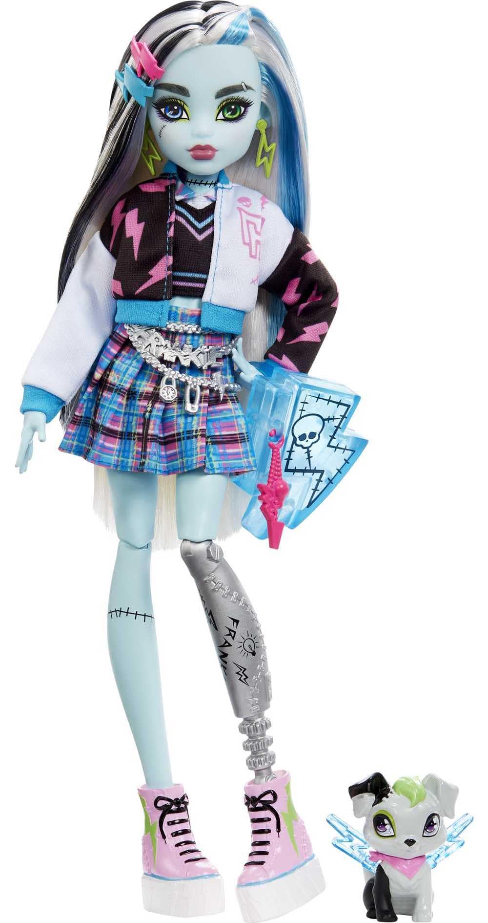 Monster High Frankie Stein with blue and black streaked hair, ready for imaginative storytelling.