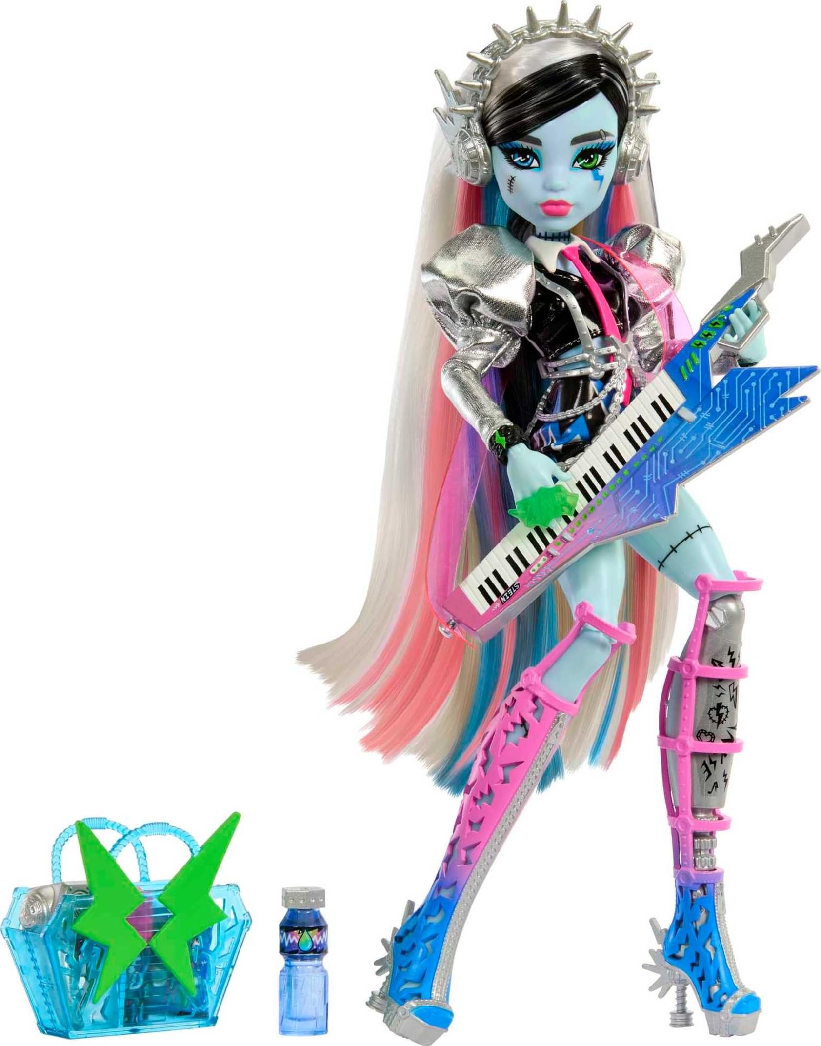 Monster High Frankie Stein with headphones and keytar, inspiring imaginative play.