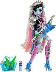 Monster High Frankie Stein with headphones and keytar, inspiring imaginative play.