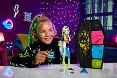 Frankie Stein Neon Frights doll close-up showing bold hair and makeup for styling