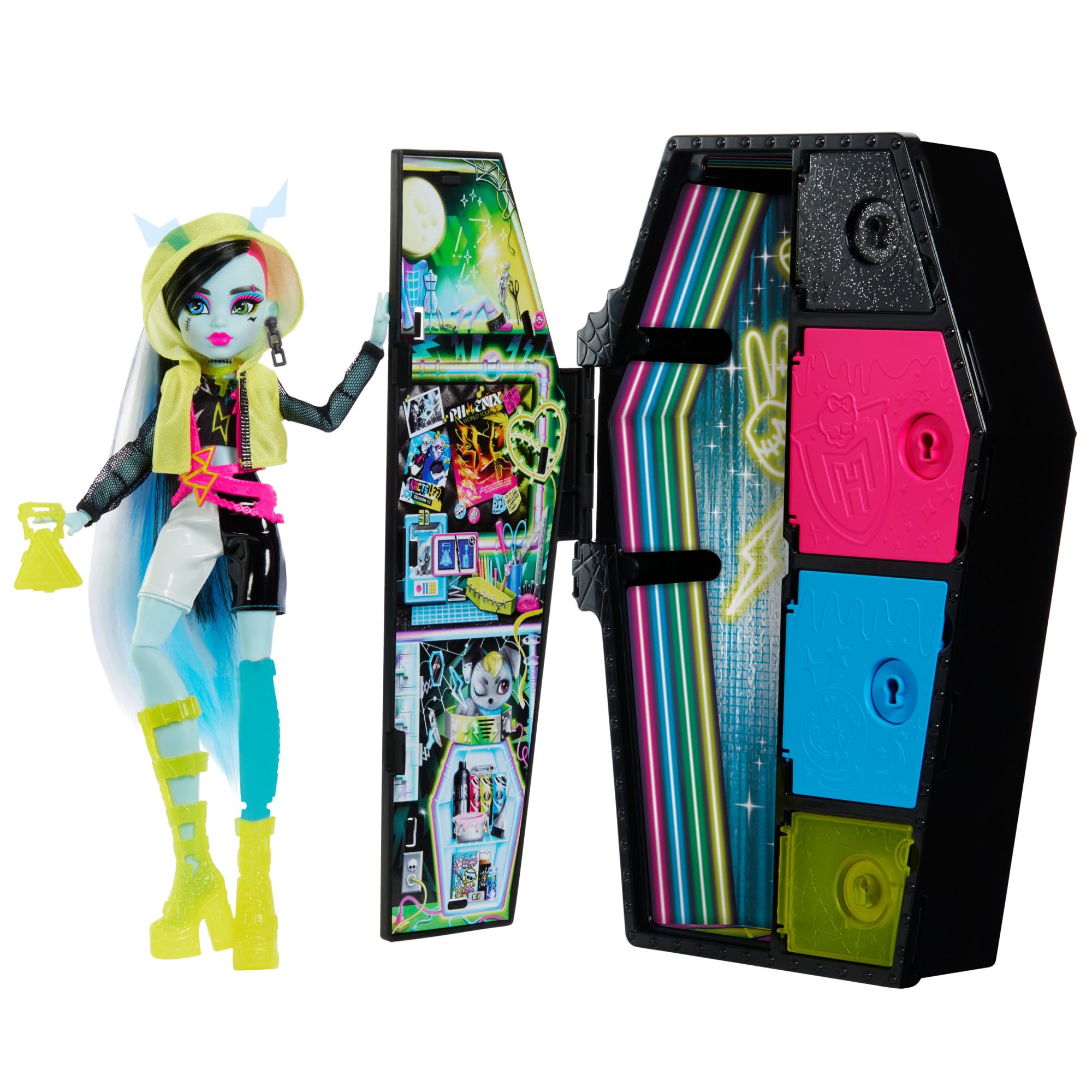 Monster High Frankie Stein Neon Frights doll with glow-ready locker for imaginative play