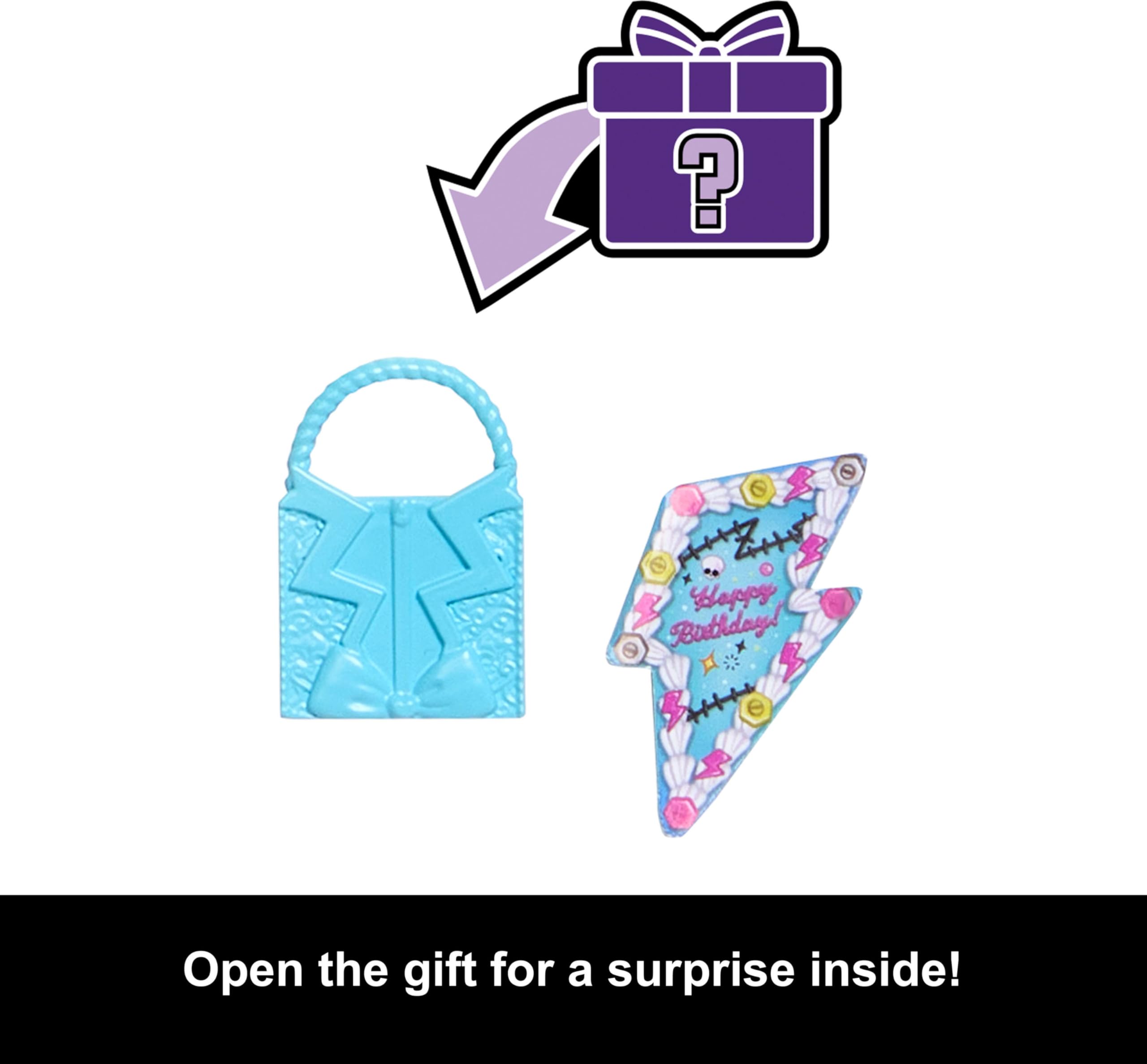 Monster High Frankie Stein silvery cage skirt catches light for eye-catching display.