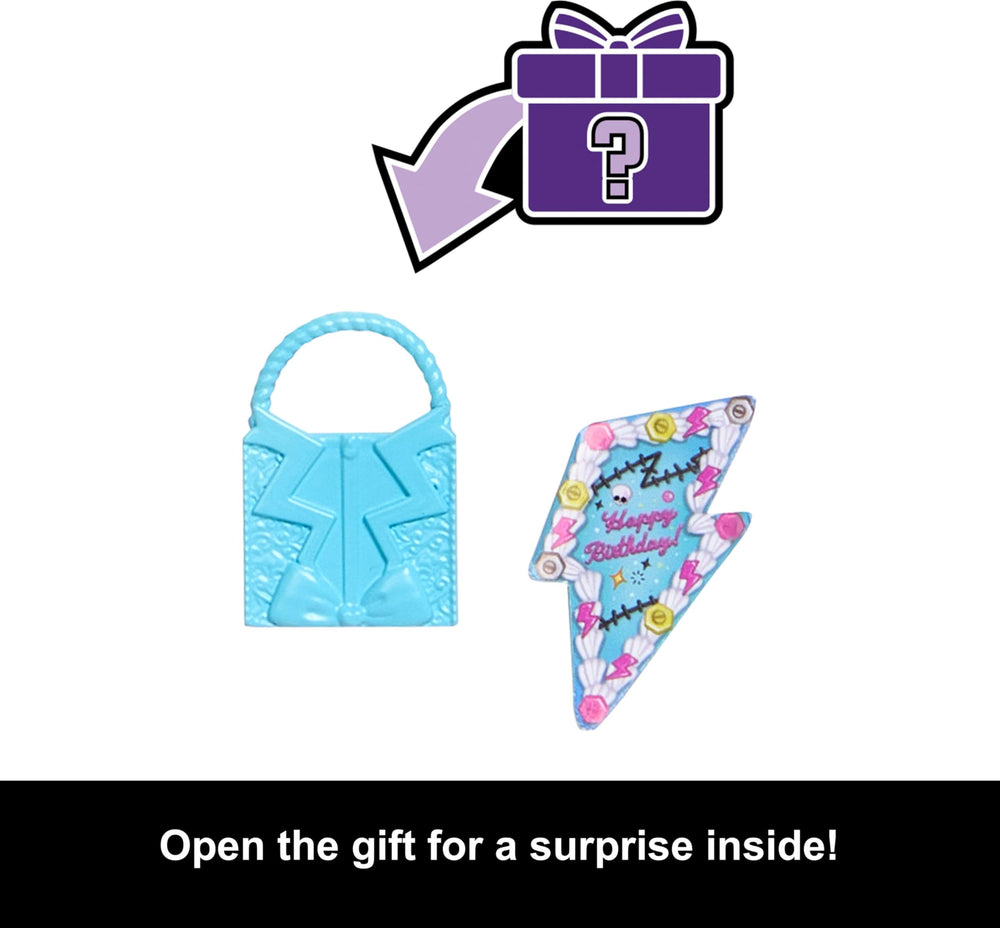 Monster High Frankie Stein silvery cage skirt catches light for eye-catching display.