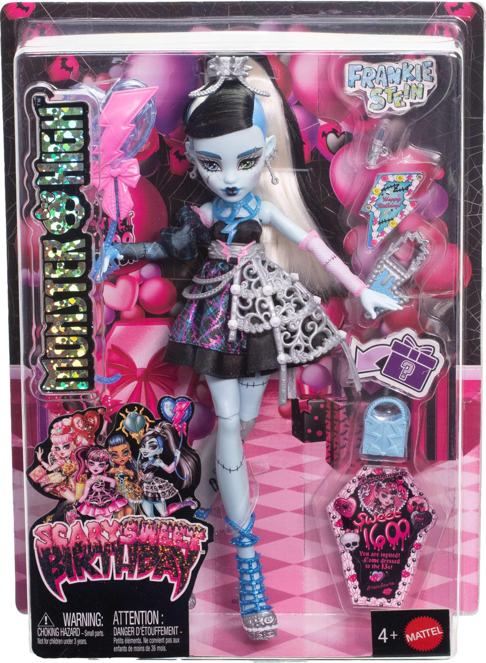 Monster High Frankie Stein studded heels and lipstick enhance dress-up fun.