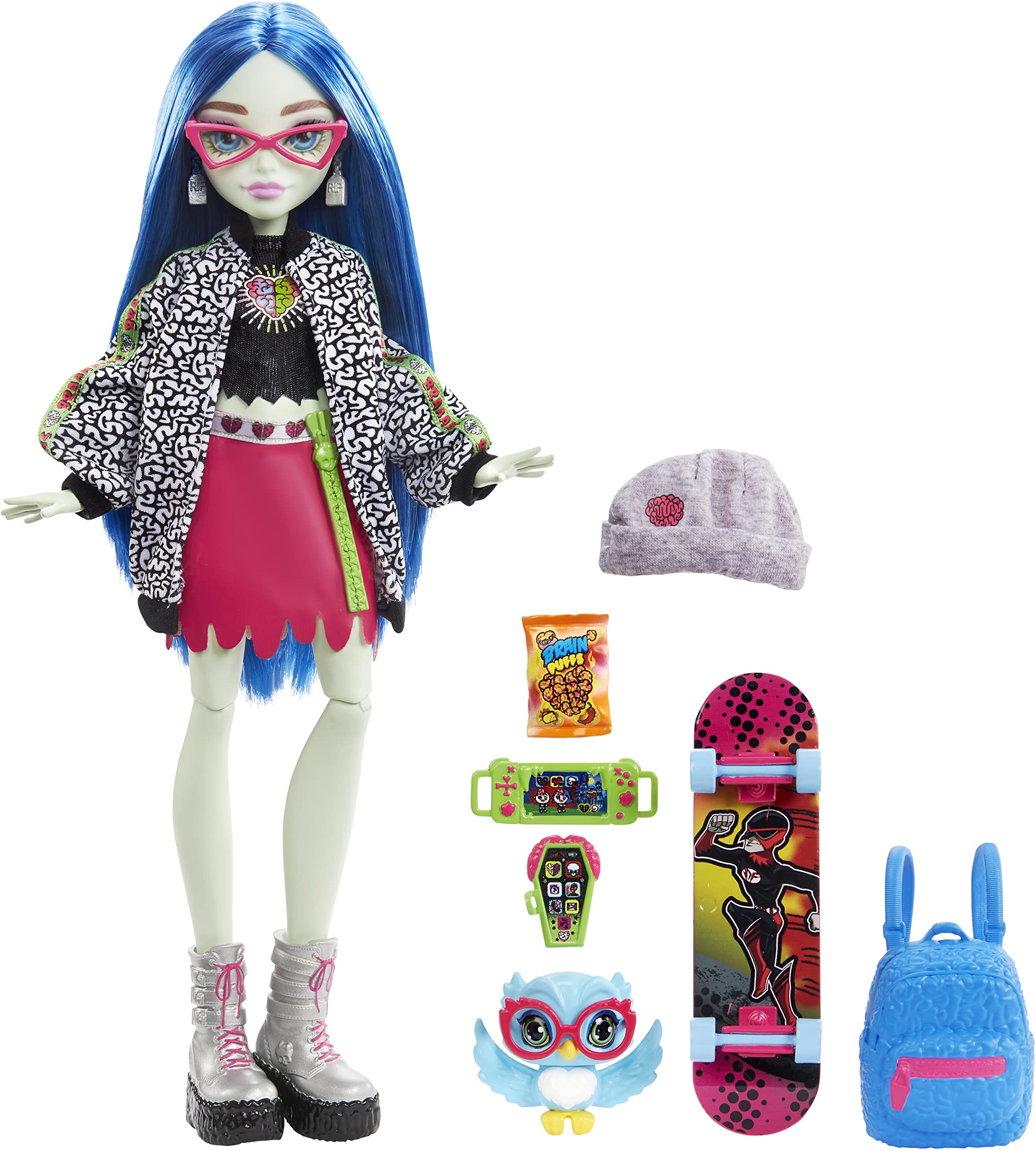 Ghoulia Yelps doll glasses and beanie for cozy style display