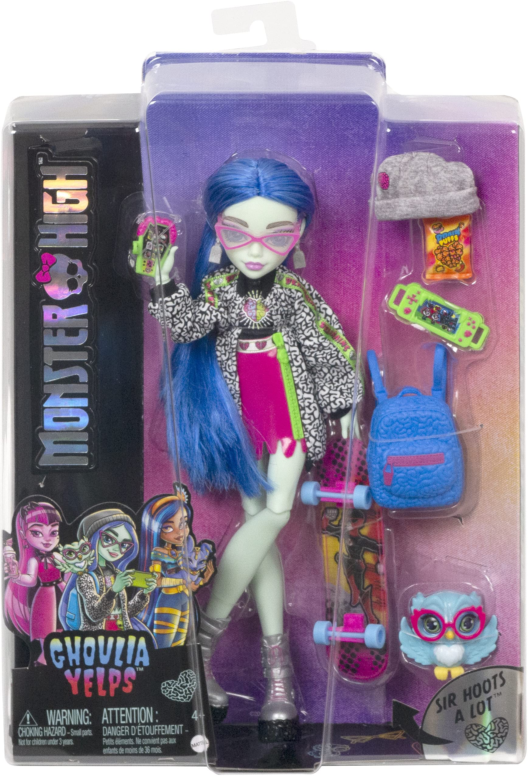 Ghoulia Yelps doll packaging highlights included pet and accessories for storytelling play