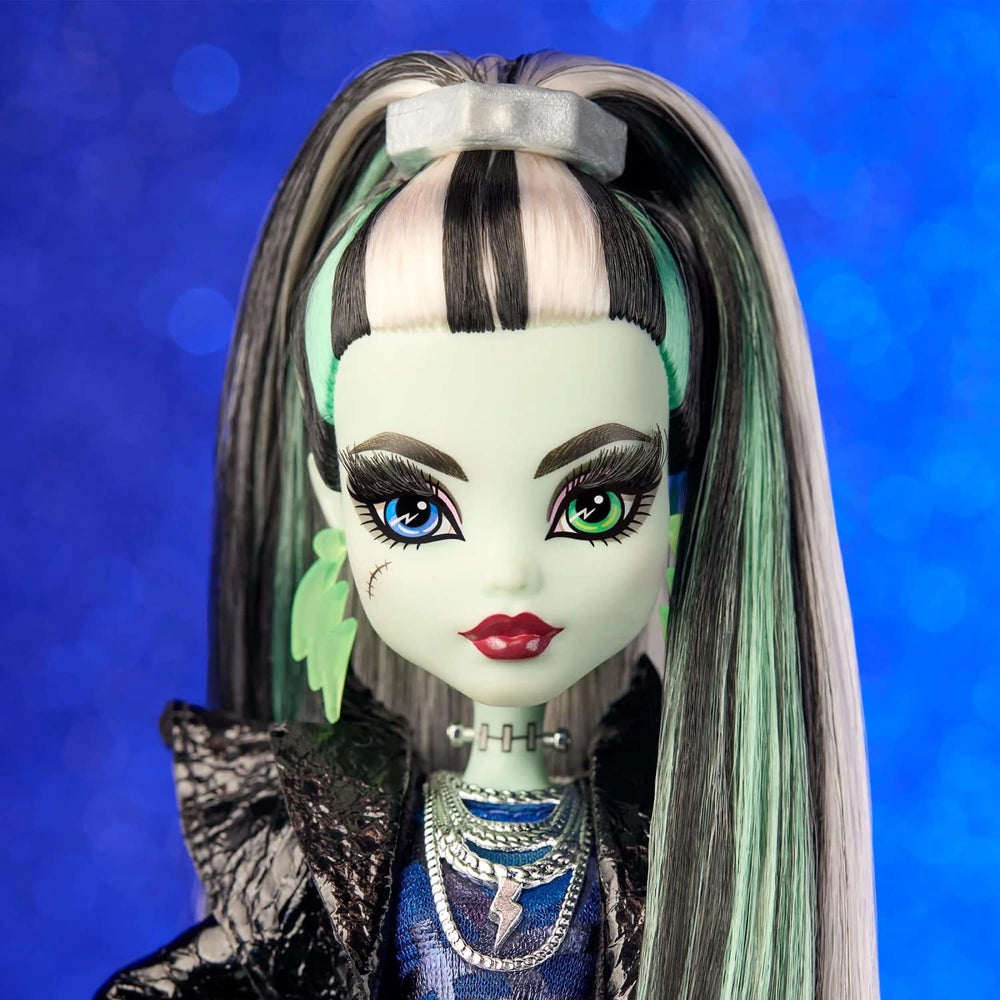 Monster High Frankie Stein sheer bodysuit enhances the ethereal, collectible look for shelf display.