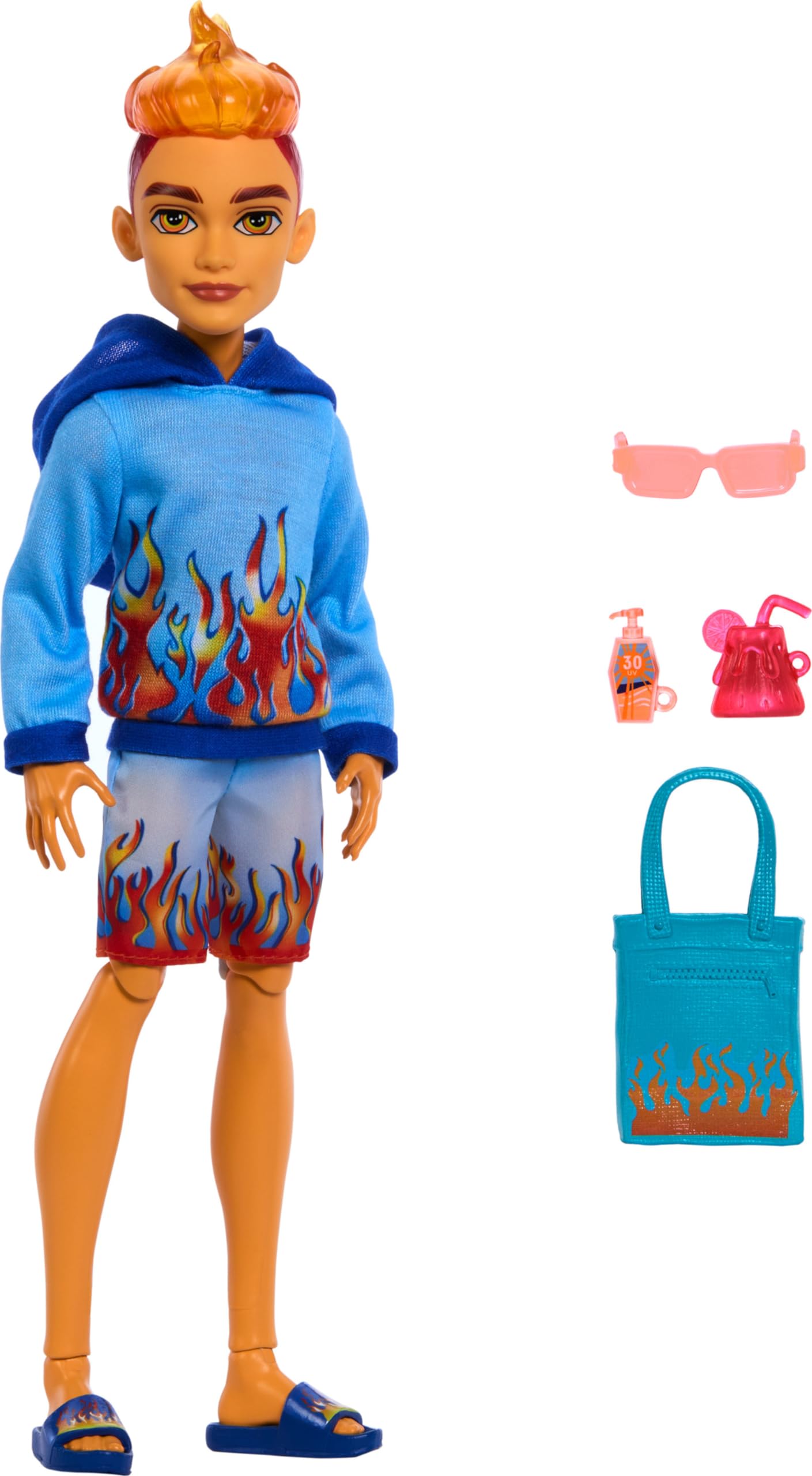 Monster High Heath Burns wearing the flame hoodie for beach-ready storytelling.